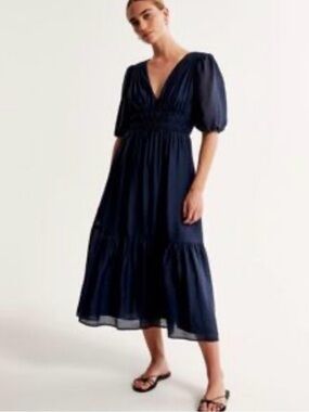 Abercrombie & Fitch Navy V-Neck Puff Sleeve Tiered Midi Dress